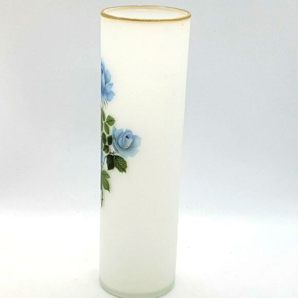 Enesco Vintage Satin White Frosted Blue Rose Flowers Gold Trim Art Glass Vase - Picture 5 of 10